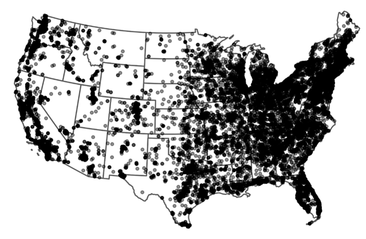 A black-and-white image of the USA with dots representing the location of survey resondents.